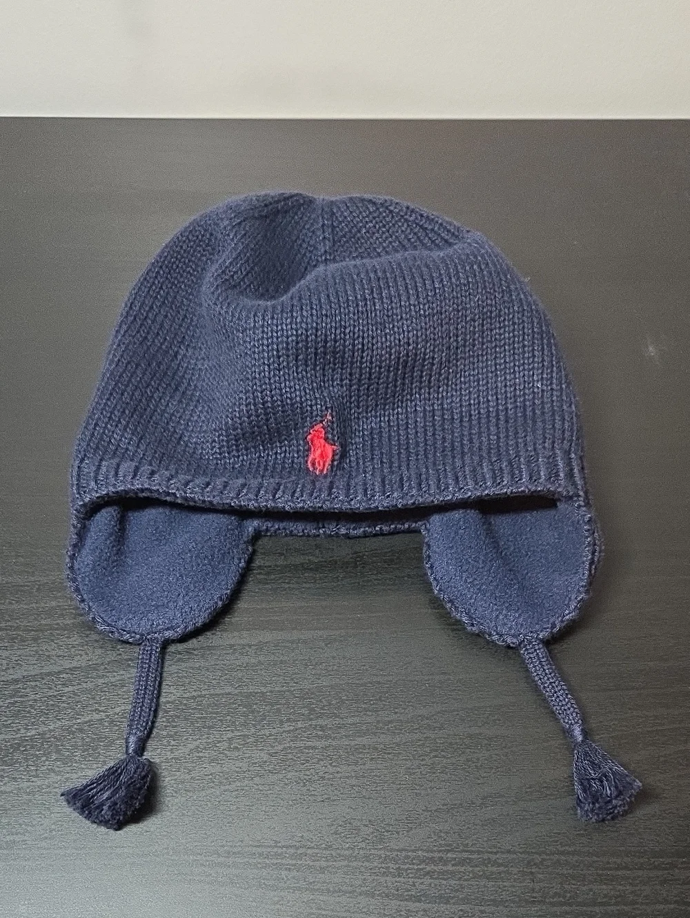 Ralph Lauren Navy Earflap Knit Hat with Red Pony